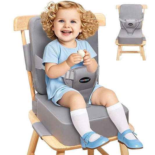 Toddler Booster Seat for Kitchen Chair with Removable Backrest & Adjustable Straps, PU Portable Waterproof & Non-Slip Booster Seat for Dining Table, Travel Child Eating Cushion-Light Grey
