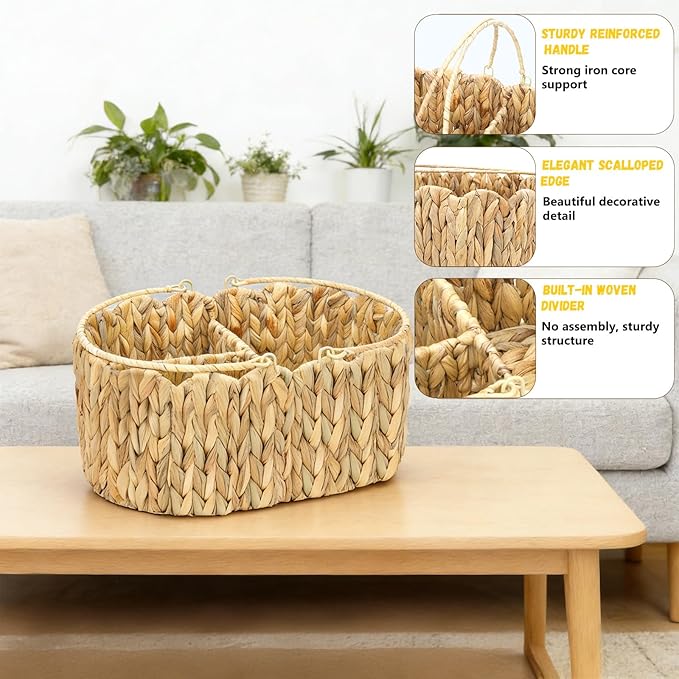 Large Baby Diaper Caddy Organizer, Portable Wicker Water Hyacinth Storage Basket with Handles and Divided Sections, Nursery Tray for Diapers Baby Essentials, Baby Shower Gifts