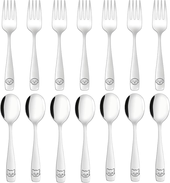 LOCONHA Stainless Steel Toddler Utensils Set - 14 Pcs Kids Silverware, Safe Food Grade, Mirror Polished, Dishwasher Safe, Perfect for Little Hands, Trendy & Durable. ﻿