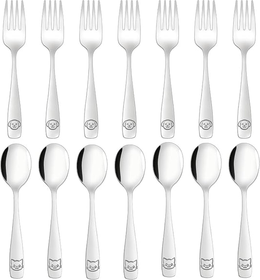 LOCONHA Stainless Steel Toddler Utensils Set - 14 Pcs Kids Silverware, Safe Food Grade, Mirror Polished, Dishwasher Safe, Perfect for Little Hands, Trendy & Durable. ﻿