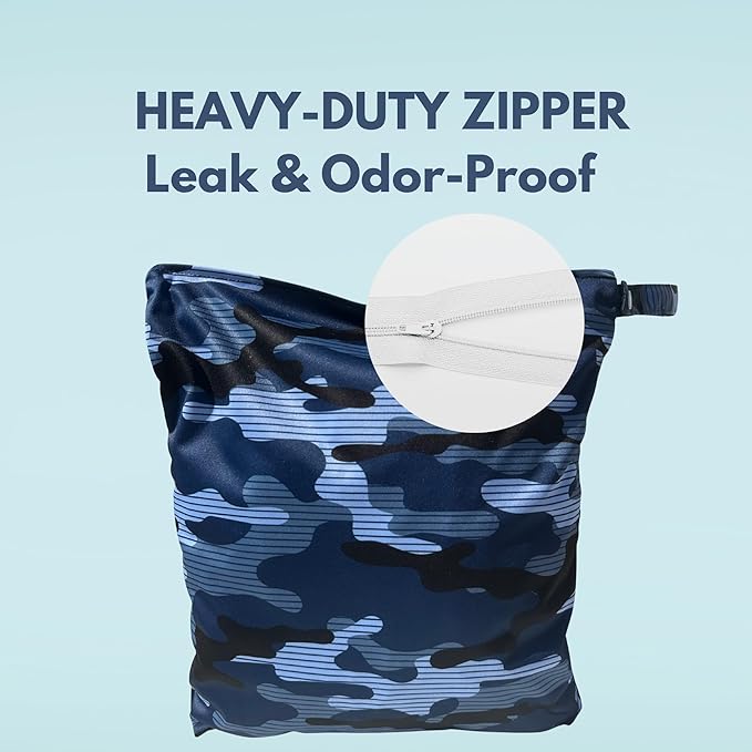 Wet Bag for Gym Clothes Blue Camo - 12.6" x 14.6" Waterproof, Smell Proof, Machine Washable Sweat Bags for Sweaty & Dirty Workout Gear, Dry Bags for Sports, Travel, Yoga, Swimsuits - Organizer