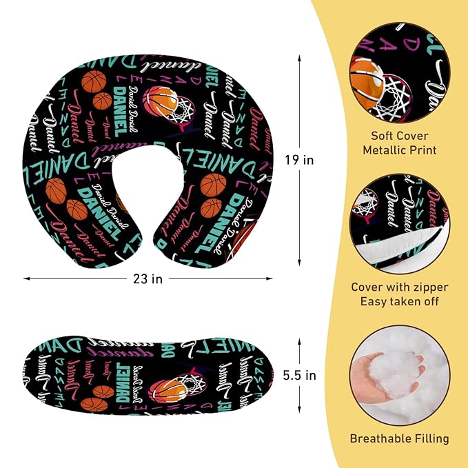 Baby Nursing Pillow Cover - Personalized Name Basketball Theme Breastfeeding U-Shaped for Bottle Feeding, Ultra Soft Comfortable Breastfeeding Pillow Cover for Infant Baby Boys and Girls