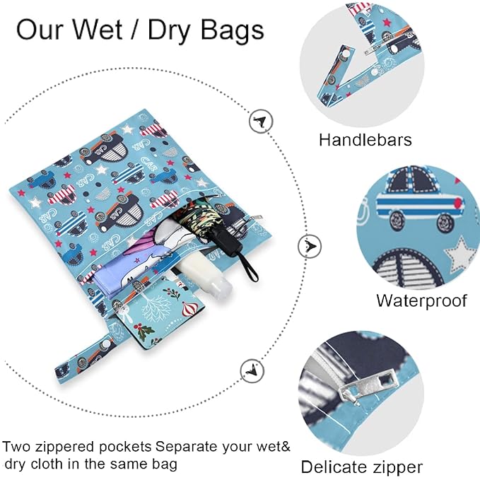 visesunny Funny Car with Stripe Blue 2Pcs Wet Bag with Zippered Pockets Washable Reusable Roomy for Travel,Beach,Pool,Daycare,Stroller,Diapers,Dirty Gym Clothes, Wet Swimsuits, Toiletries
