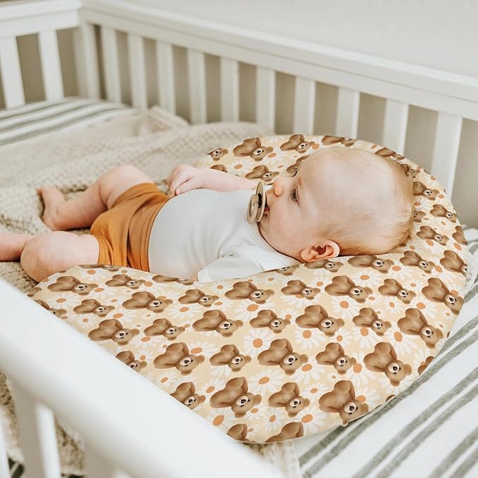 Vintage Bear Daisy Baby Nursing Pillow Covers for Boy Girl Retro Bears Boho Floral Nursing Slipcovers for Breastfeeding Pillows Boho Animals Soft Stretchy Removable Covers for Newborn Infant