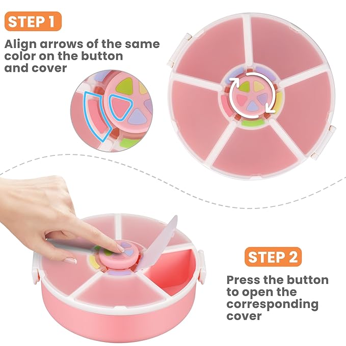 Pawtong Snack Rotator Container Reusable Snack Box with 5 Compartment Dispenser and Lid, Color Matching Opening Lid, BPA and PVC Free, for Home, School, Travel (2 Pack- Pink)