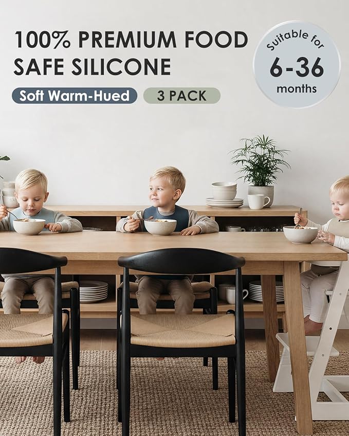Tiny Marvels Silicone Baby Bibs Set of 3, Adjustable & Dishwasher Safe, Easy Clean Toddler Bibs with Food Catcher Pocket