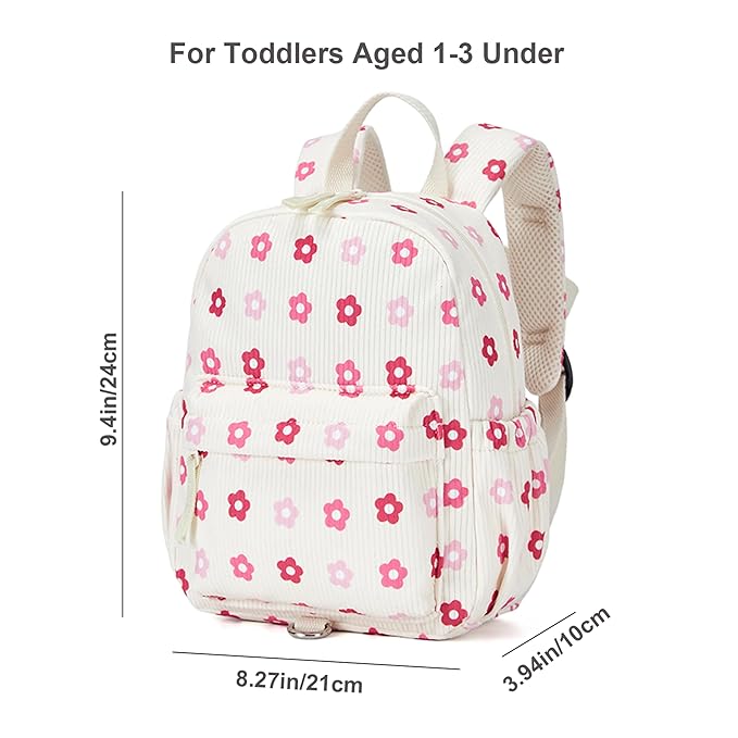 Corduroy Toddler Backpack with Detachable Leash and Anti-Lost Wrist Link, Safety Harness Walking Backpack for Toddler Boys Girls 1-3, Cute Floral Travel Backpack with Leash for Kids