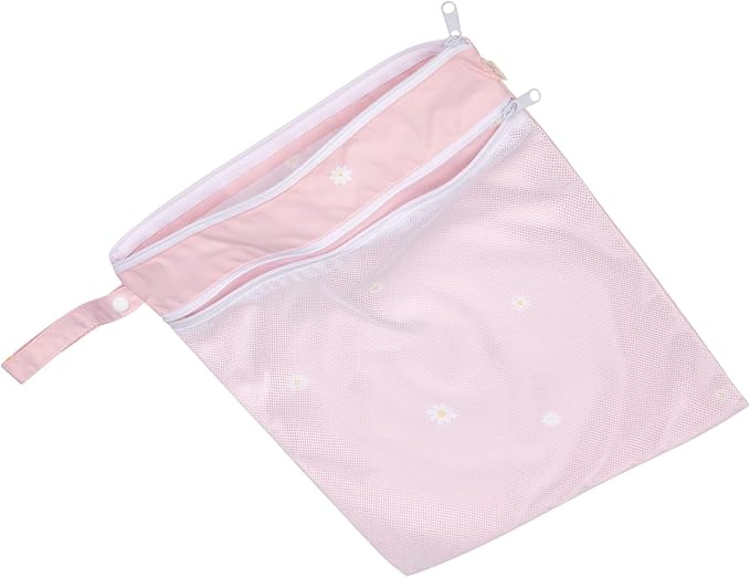 Ali+Oli Water Resistant Dual-Compartment Wet-Dry Bag for Travel, Hook to Stroller, Daycare, Diapers, Diaper Bag, Clutch Bag,15x12 inches (Blush Daisy)