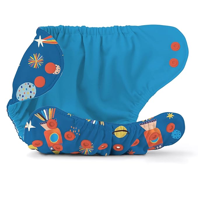 Esembly Cloth Diaper Cover - Reusable Swim Diaper, Waterproof, Breathable - Adjustable Outer Layer Over Absorbent Inner for Blowout Protection - Blast Off, Size 2 (18-35lbs)