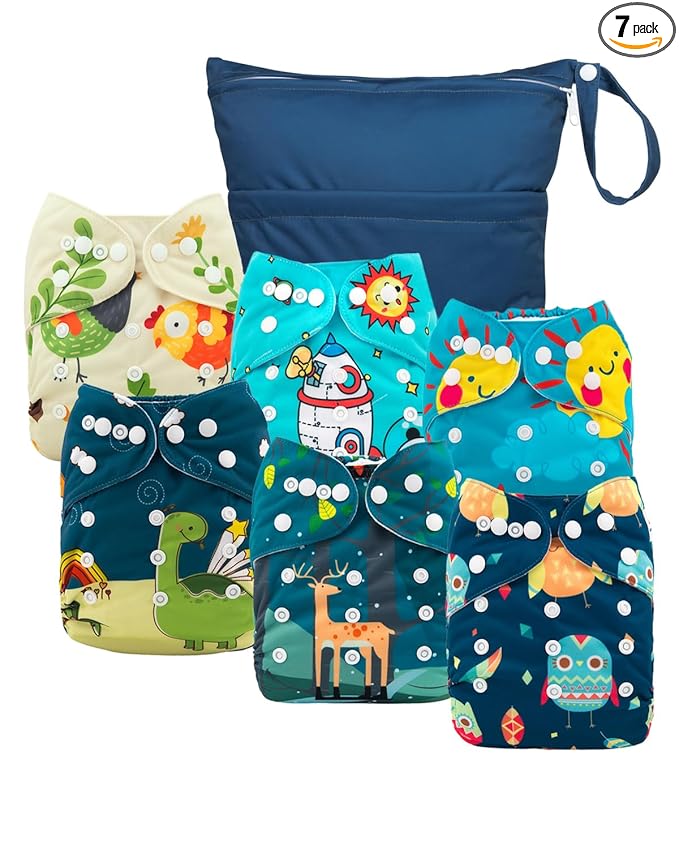 babygoal Cloth Diaper Covers 6 Pack with Wet Bag for Fitted Diapers and Prefolds with Double Gussets, Adjustable and Reusable for Baby Boys