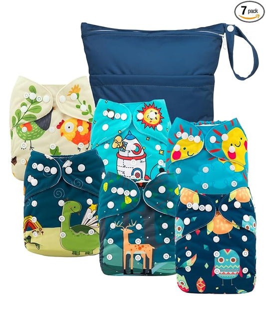 babygoal Cloth Diaper Covers 6 Pack with Wet Bag for Fitted Diapers and Prefolds with Double Gussets, Adjustable and Reusable for Baby Boys
