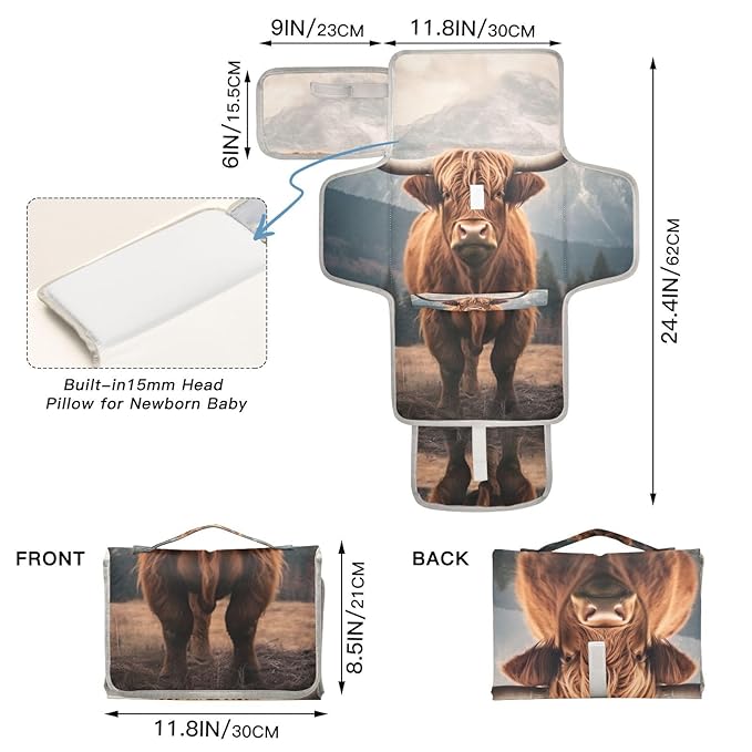 Highland Cow Portable Diaper Changing Pad - Waterproof Foldable Baby Diaper Changing Pad with Built-in Pillow, Travel Diaper Changing Mat for Newborn Baby