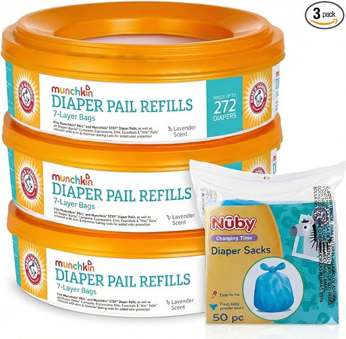 3 Munchkin A&H Diaper Pail Refill Rings, (7-Layer Bags, Each Holds Up to 272 Diapers) + Nuby Diaper Sacks, 50-Count | Lavender Scent Refills + Easy-Tie Disposable Bags Bundle