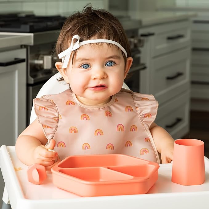 Tiny Twinkle Silicone Suction Baby Plate, Suction Grip Divided Dish for First Foods and Self-Feeding Toddlers, Baby Led Weaning Supplies for Independent Eating (Coral Plate)