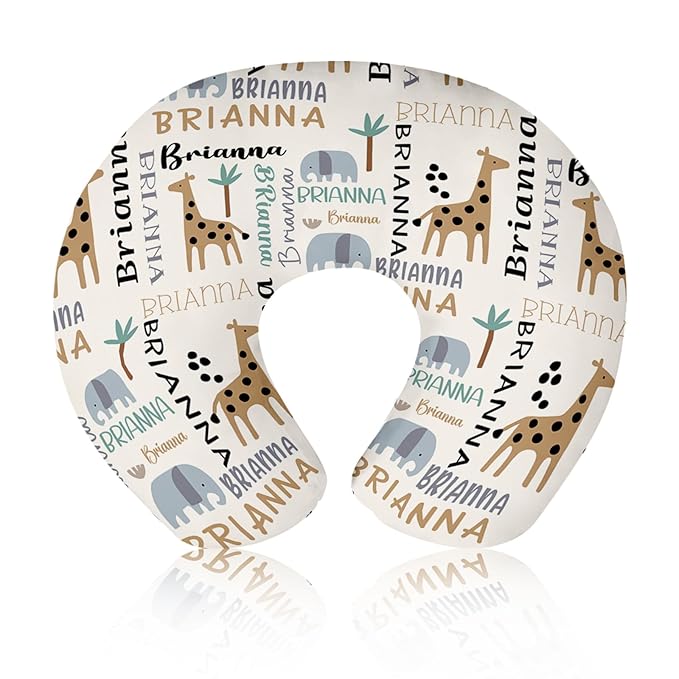 Baby Nursing Pillow Cover - Personalized Name Breastfeeding Pillow Cover with Giraffes Pattern, Stretchy Removable U-Shaped for New Moms, Soft Breathable Slipcover for Infant Boys Girls