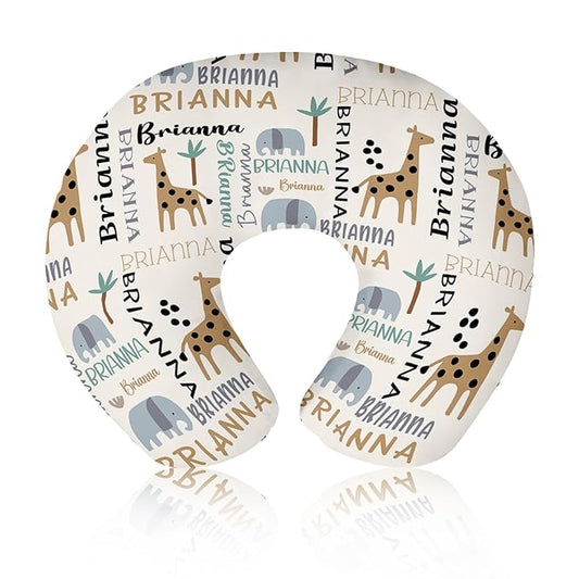 Baby Nursing Pillow Cover - Personalized Name Breastfeeding Pillow Cover with Giraffes Pattern, Stretchy Removable U-Shaped for New Moms, Soft Breathable Slipcover for Infant Boys Girls