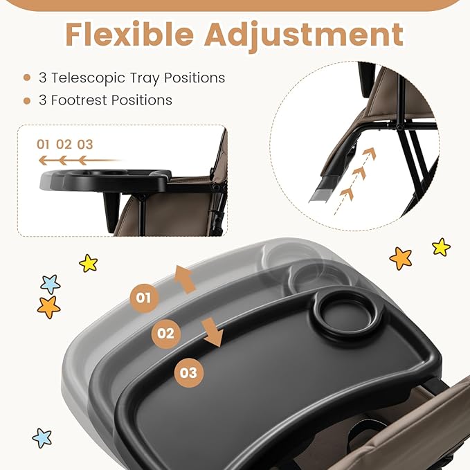 HONEY JOY High Chair, Foldable Baby Feeding Chair, Adjustable Tray & Footrest, Removable Easy-to-Clean PU Seat Cushion, 5-Point Harness, Cup Holder, Highchairs for Babies and Toddlers (Coffee)