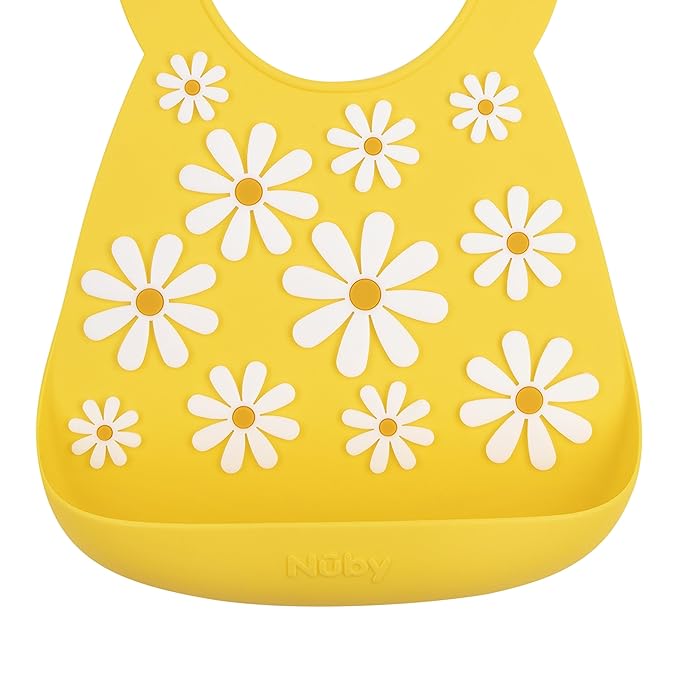 Nuby 3D Soft Silicone Baby Bib with Scoop - Silicone Bib for Toddlers and Babies 6+ Months - Yellow Daisy