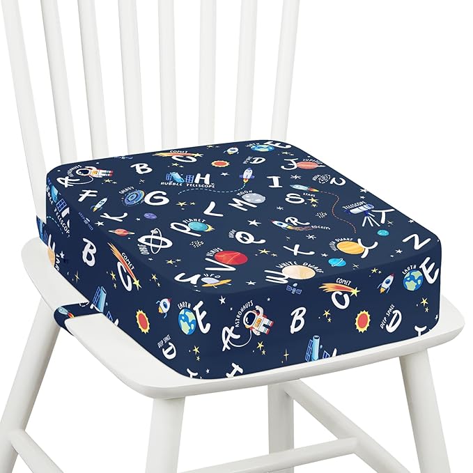 Toddler Booster Seat for Dining Table Kitchen Chair, Kids Booster Seat with Non-Slip Bottom and Adjustable Straps, 4" Detachable Washable Portable Travel Increasing Cushion (Galaxy Alphabet)