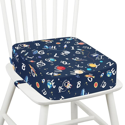 Toddler Booster Seat for Dining Table Kitchen Chair, Kids Booster Seat with Non-Slip Bottom and Adjustable Straps, 4" Detachable Washable Portable Travel Increasing Cushion (Galaxy Alphabet)