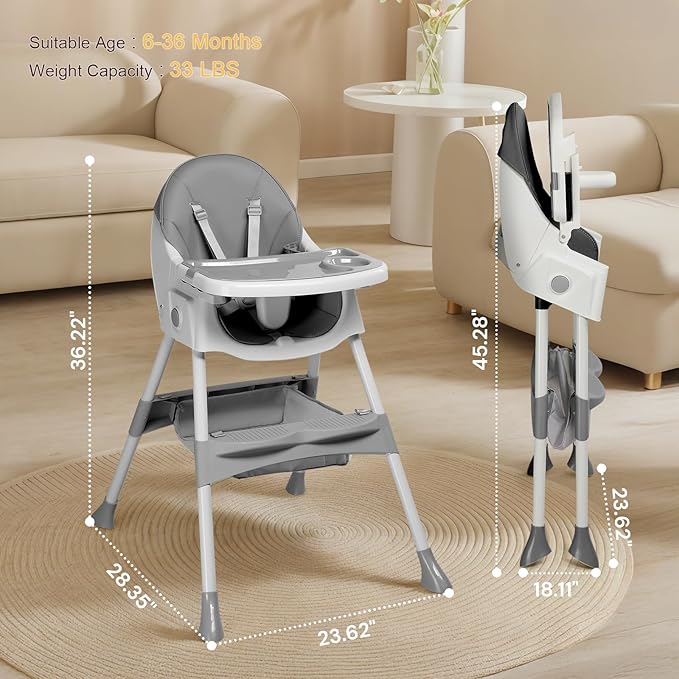 Ktaxon Baby High Chair, 6-in-1 Portable Feeding Rocking Seat with Adjustable Backrest, Removable Tray and 5-Point Safety Harness, Travel Folding Highchair for Toddlers & Babies, Grey
