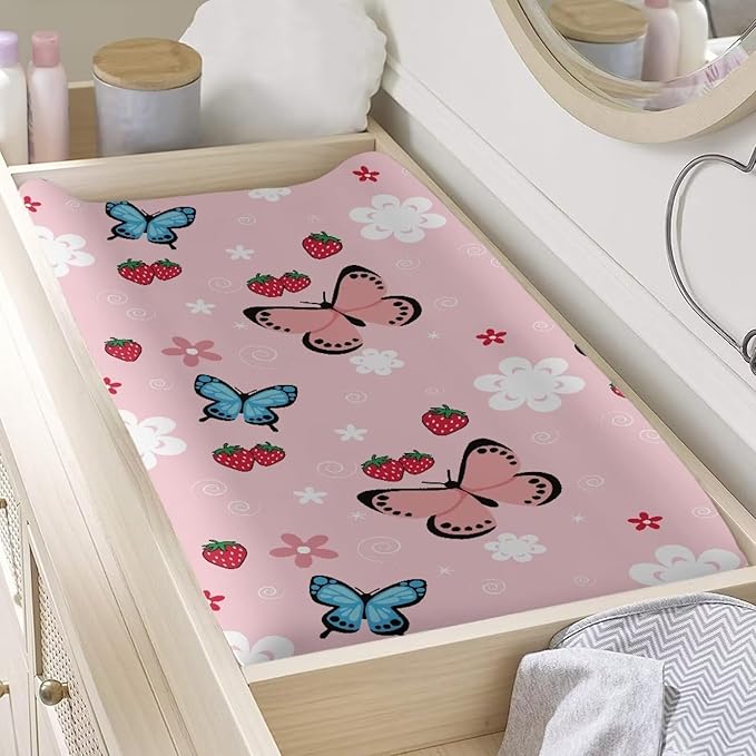 ZDCUSTOM Pink Butterfly Diaper Changing Pad Cover for Girls, Soft Changing Station Covers, Changing Pad Sheets, Stretchy Changing Pad Covers Washable