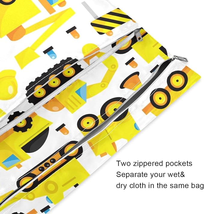 susiyo 2 Pcs Wet Dry Bag Construction Trucks Waterproof Reusable Baby Cloth Diaper Wet Bags with 2 Zipper Pockets for Breast Pump Parts Travel Beach Pool Gym Yoga Swimsuits Wet Clothes