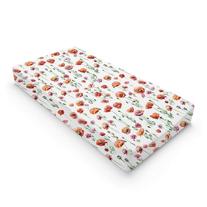 Watercolor Poppy Floral Changing Pad Covers Red Poppy Flowers Diaper Changing Table Pad Sheets for Boys Girls Wild Floral Soft Breathable Stretchy Baby Nursery Diaper Changing Table Mats 32''x16''