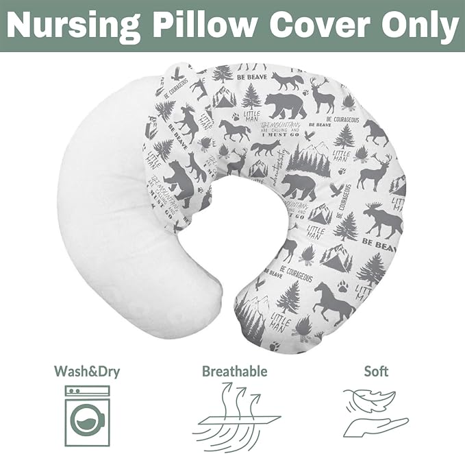 Gray Animals Nursing Pillow Covers for Boy Deer Bear Horse Trees Mountain Nursing Slipcovers for Breastfeeding Pillows Camping Adventure Soft Stretchy Removable Cover for Newborn Infant