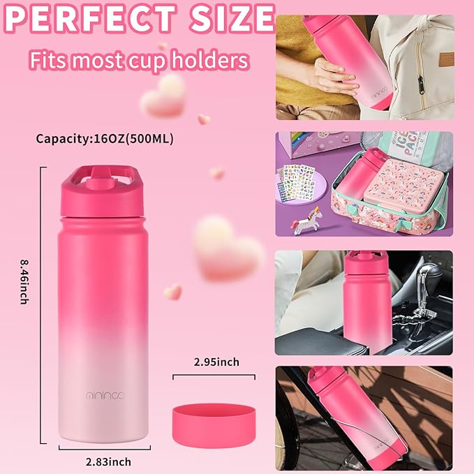 mininoo Kids Water Bottle for School, 16oz Stainless Steel Insulated Water Bottle Kids with Straw Lid for Girls, Boys (Sweat Peach)