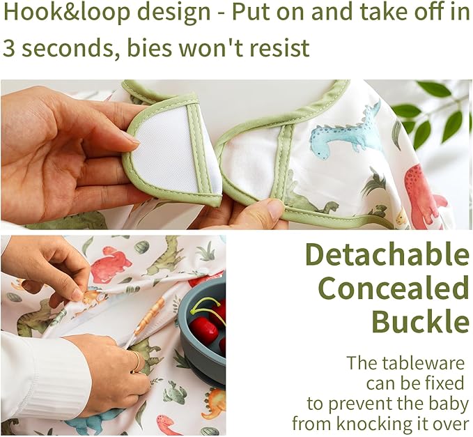 2-Pack Long Sleeve Baby Bib,Coverall Baby Bibs for Eating,Waterproof,Attaches to Highchair&Table,Ages 1 to 3 Years
