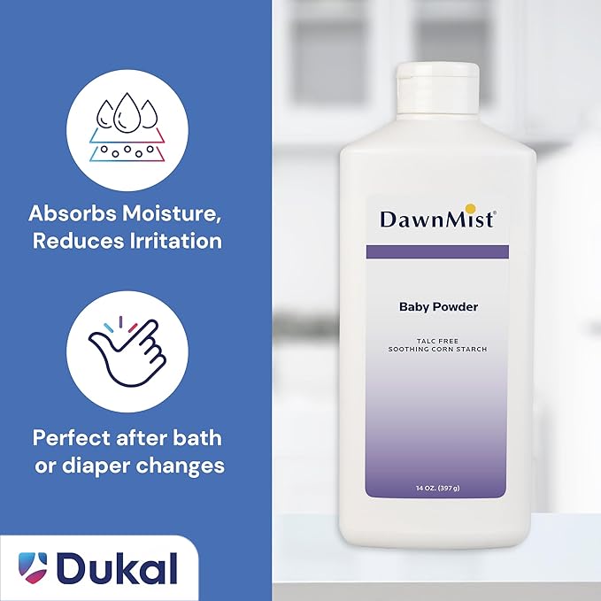 Dukal DawnMist Cornstarch Baby Powder 14 oz – Pack of 2 | Gentle, Talc-Free Formula for Baby & Adult Use, Soothes & Absorbs Moisture