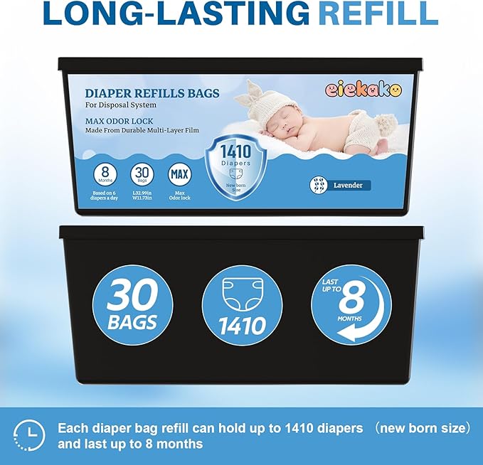 Diaper Refill Bag 7-Layer Odor Control Extra Thick for Genie Easy Roll & Platinum Pail, 3-Pack (90 Bags), Holds Up to 4200 Newborn Diapers