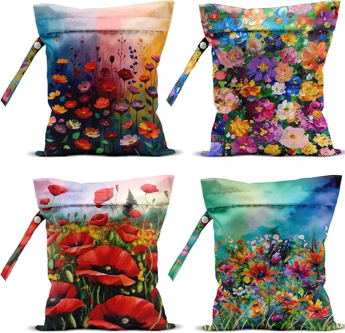 4 Pack Cute Wet Bag Waterproof Washable Wet Dry Bag for Swimsuit Dirty Clothes Diaper Travel Beach Pool Gym Bachelorette Party Toiletries Beach Essentials，Colorful Wildflowers Bouquet Flower Decor