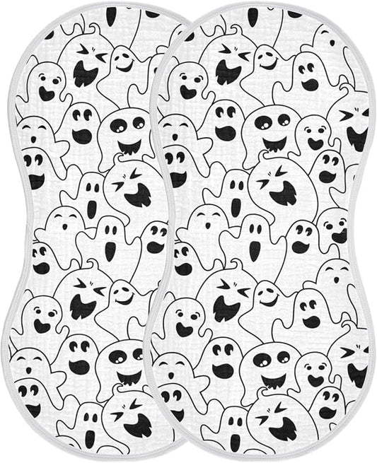Muslin Burp Cloths for Baby Boys and Girls - 2-Pack Ultra Absorbent Halloween Ghosts Muslin Washcloths, Newborn Towel, Milk Spit Up Rags, Burp Cloth Bibs for Unisex, 22 x 11 Inch