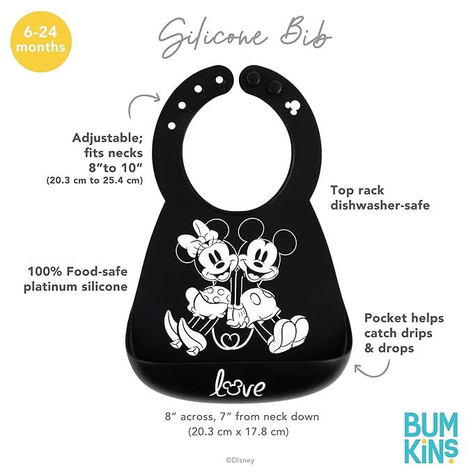 Bumkins Bibs, Silicone Pocket for Babies, Baby Bib for Girl or Boy, for 6-24 Months Up to Toddler, Essential Must Have for Eating, Feeding, Baby Led Weaning Supplies, Mess Saving, Mickey and Minnie