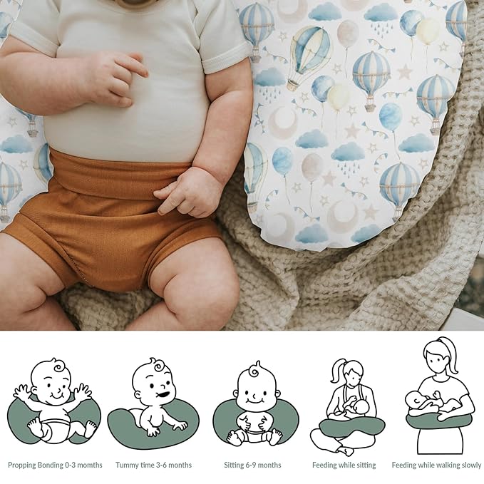 Neutral Blue Hot Air Balloons Baby Nursing Pillow Covers for Boy Girl Pastel Balloons Moon Star Clouds Nursery Pillowcase for Breastfeeding Pillows Boho Sky Soft Stretchy Slipcovers for Newborn Infant