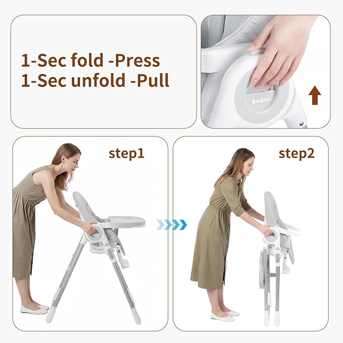 Babilous High Chair, Foldable High Chairs for Babies and Toddlers, Ultra Safe for Infant with Lockable Wheels, Easy Clean, Removable Tray/Adjustable Footrest for Baby Feeding HighChair, Grey