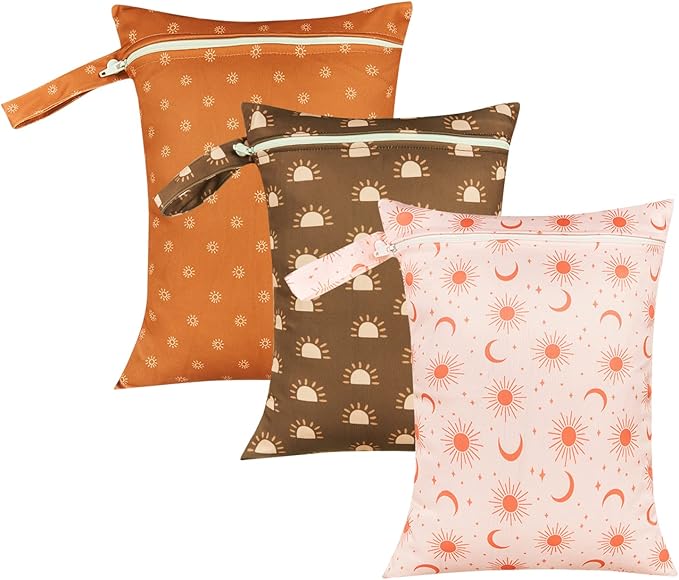MOMIGO 3 pcs/set Wet Dry Bags for Baby Cloth Diapers - Reusable Washable for Stroller, Diapers, Travel Bags, Gym Bag 11 * 14 inch (Sun&Moon)
