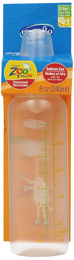 Evenflo Feeding Zoo Friends Plastic Standard Neck Bottles for Baby, Infant & Newborn - Blue/Green/Orange/Pink (Colors May Vary), 8 Oz
