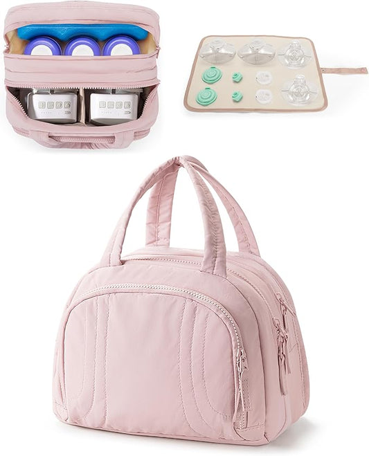 Wearable Breast Pump Bag Compatible with Momcozy and Eufy, Portable Pumping Bag with Cooler Compartment, Breast Pump Carrying Case with Drying Mat for Work, Travel and Family Use, Pink