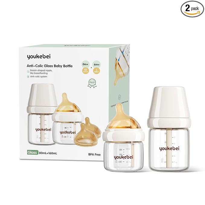 Natural Nursing Glass Baby Bottle - with Anti-Colic Vent System - BPA-Free, 3 oz and 5 oz with Very Slow Flow(SS) & Large Flow(L) Nipple, 0-3 Months, 2 Pack