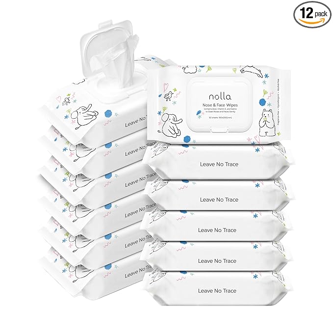 Nolla Nose and Face Wipes for Babies & Kids with Saline, Vitamin E, & Aloe | Unscented | Compostable, 360 Count (12 Packs of 30)