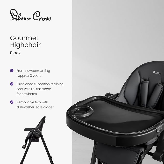 Silver Cross Gourmet High Chair for Babies and Toddlers - Portable Lightweight Baby High Chair for Newborns to 3 Years - Foldable Toddler Chair, Easy to Clean, with Deep Recline & 7 Height Positions