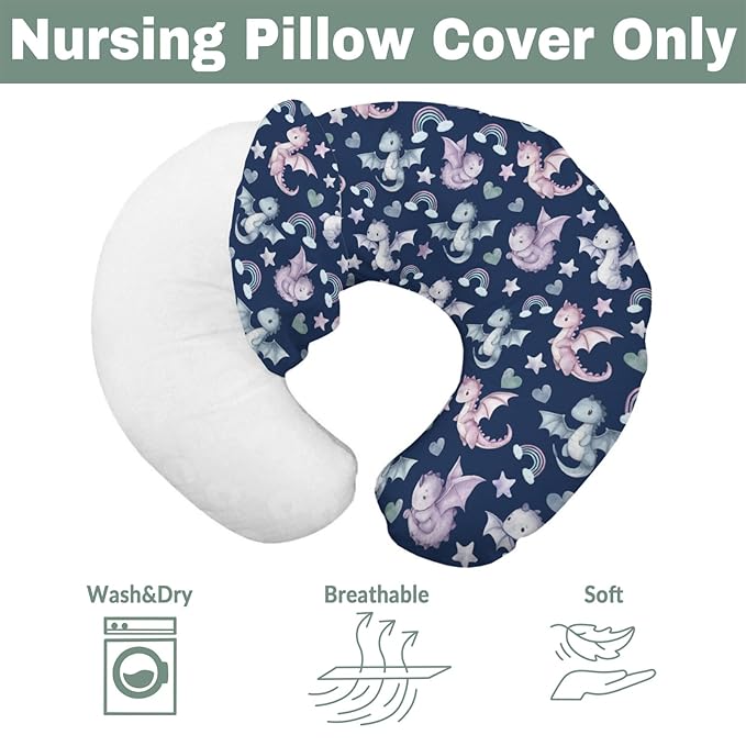 Fairytale Dragon Love Stars Baby Nursing Pillow Covers for Boy Girl Baby Dragons Purple Nursery Feeding Pillowcase for Breastfeeding Pillows Fantasy Animal Soft Stretchy Slipcover for Newborn Infant