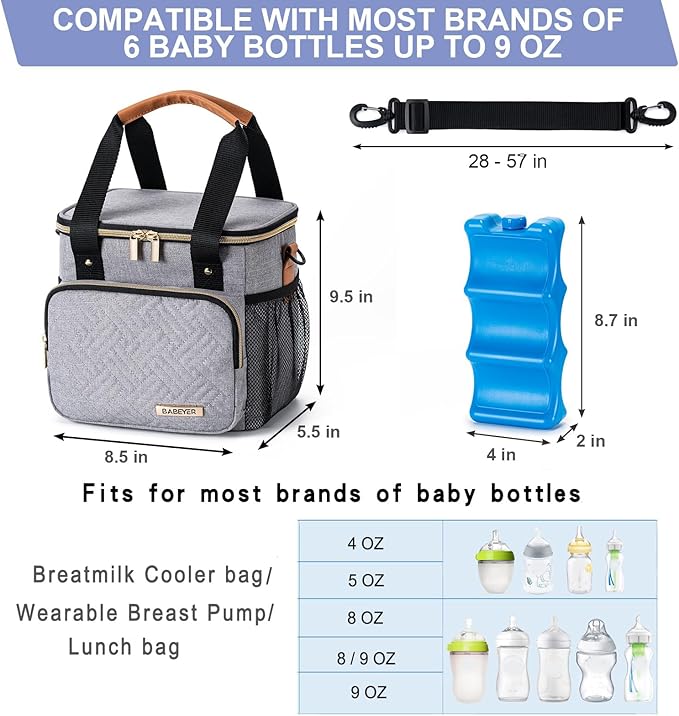 Breastmilk Cooler Bag with Ice Pack Fits 6 Baby Bottles up to 9 Ounce, Breast Milk Pump Cooler Bag for Nursing Mom Daycare, Work, Travel-Light Grey