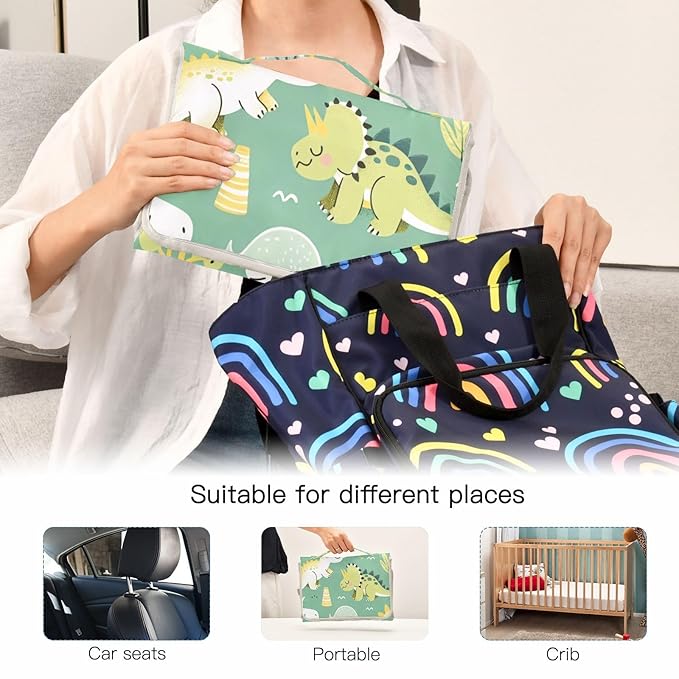 Cute Dinosaurs Portable Diaper Changing Pad - Waterproof Foldable Baby Diaper Changing Pad with Built-in Pillow, Travel Diaper Changing Mat for Newborn Baby