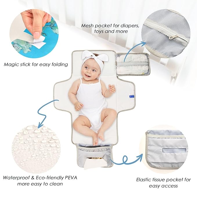 Portable Diaper Changing Pad Travel Baby Changing Mat Waterproof Diaper Changing Mat Foldable Lightweight Baby Changer with Built-in Pillow Van Gogh Almond Blossoms Blue
