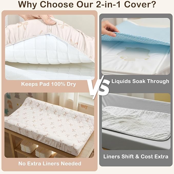 FIOBEE Changing Pad Cover Waterproof 2 Pack Quilted Diaper Change Table Sheets Breathable & Ultra Soft for Newborn Baby Boys Girls Fitted Changer Pads 32"x 16", Light Beige & Coffee