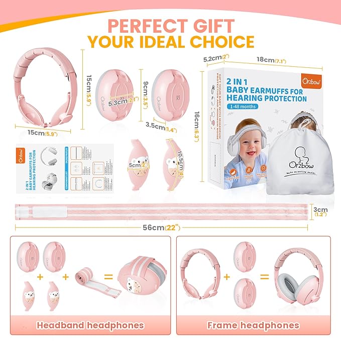 2-in-1 Baby Ear Protection for Babies Infant up to 48 Months, Baby Noise Cancelling Headphones with Cute Bear Design, Ear Muffs Noise Protection with Non-Slip Band for Airplane Travel Sleep, Pink